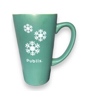 Publix Christmas Holiday Snowflakes Tall Coffee Tea Mug Green Writing M Ware